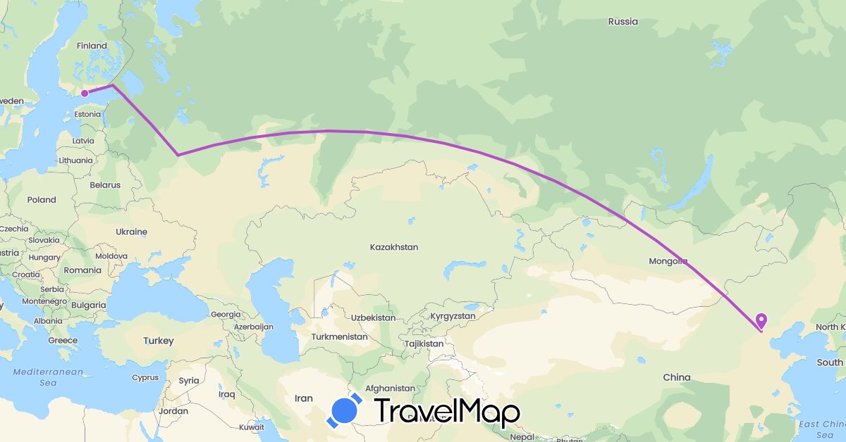 TravelMap itinerary: train in China, Finland, Russia (Asia, Europe)