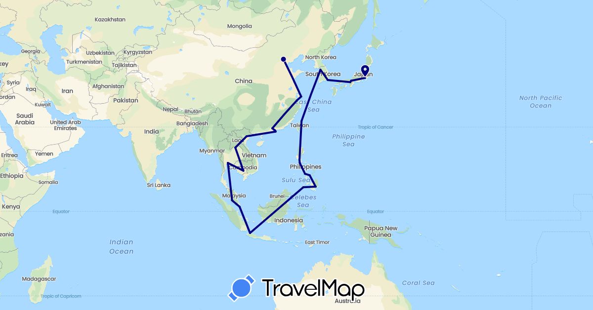 TravelMap itinerary: driving in China, Indonesia, Japan, Cambodia, South Korea, Laos, Malaysia, Philippines, Singapore, Thailand, Taiwan, Vietnam (Asia)