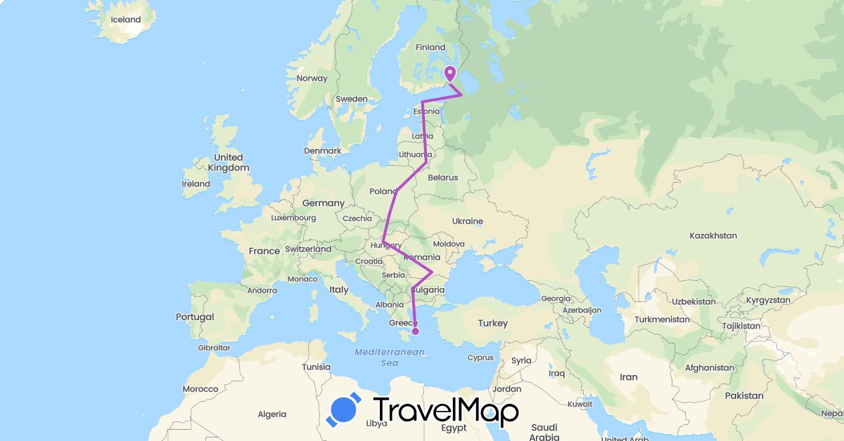 TravelMap itinerary: train in Bulgaria, Estonia, Greece, Hungary, Lithuania, Poland, Romania, Russia (Europe)